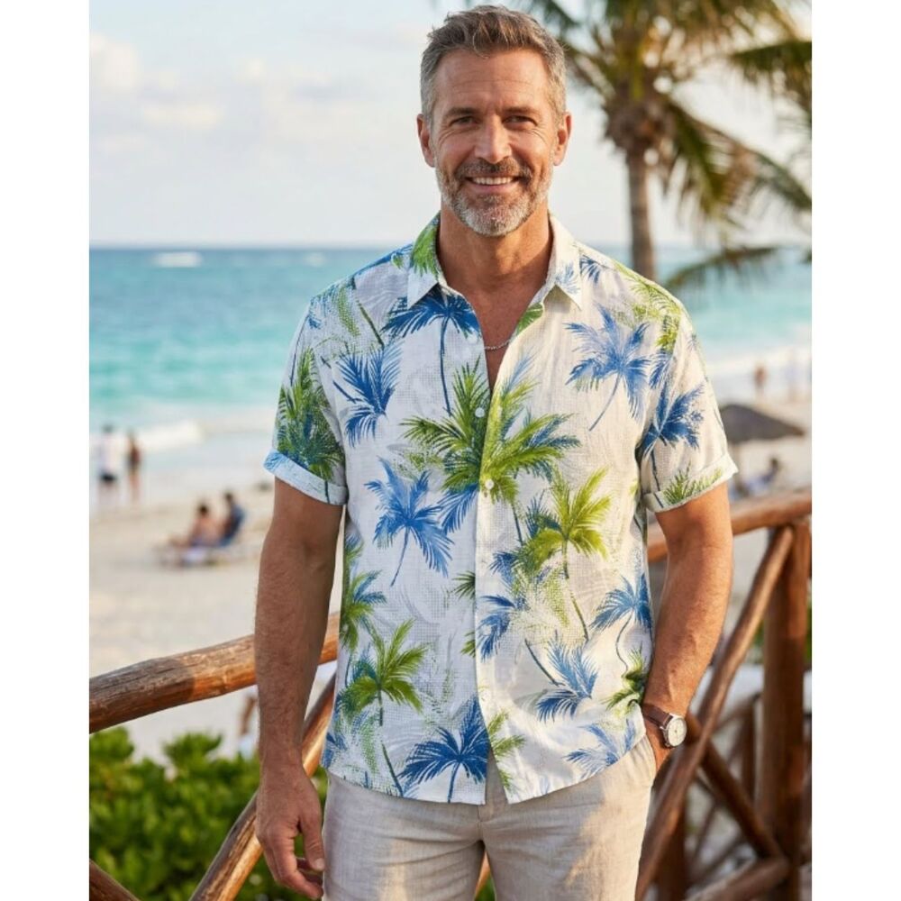 Cubavera Linen Cotton Palm Tree Button Up Tropical Hawaiian Shirt Men's Size XXL